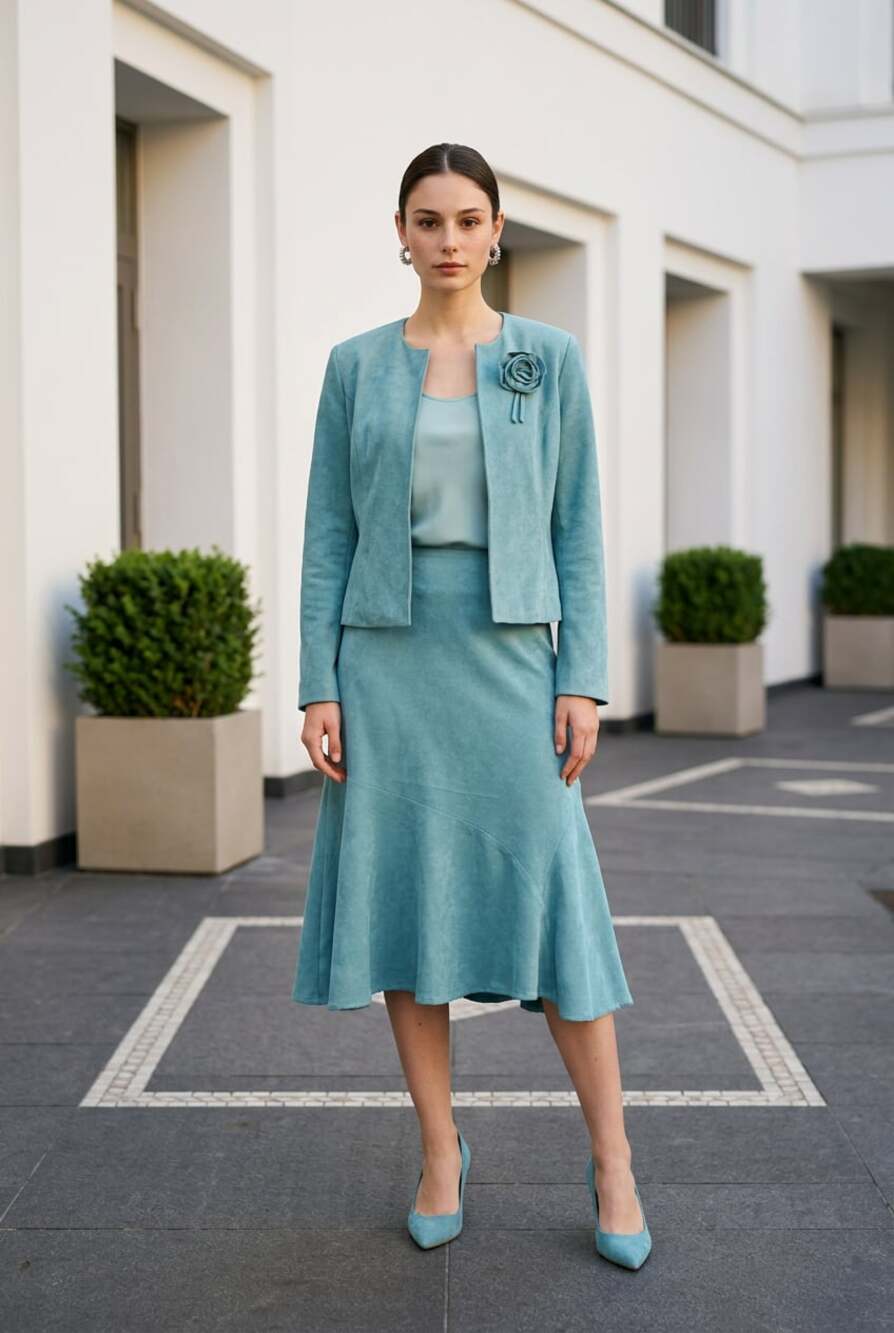 Dressbarn Women's Light Blue Faux Suede Skirt Suit Set